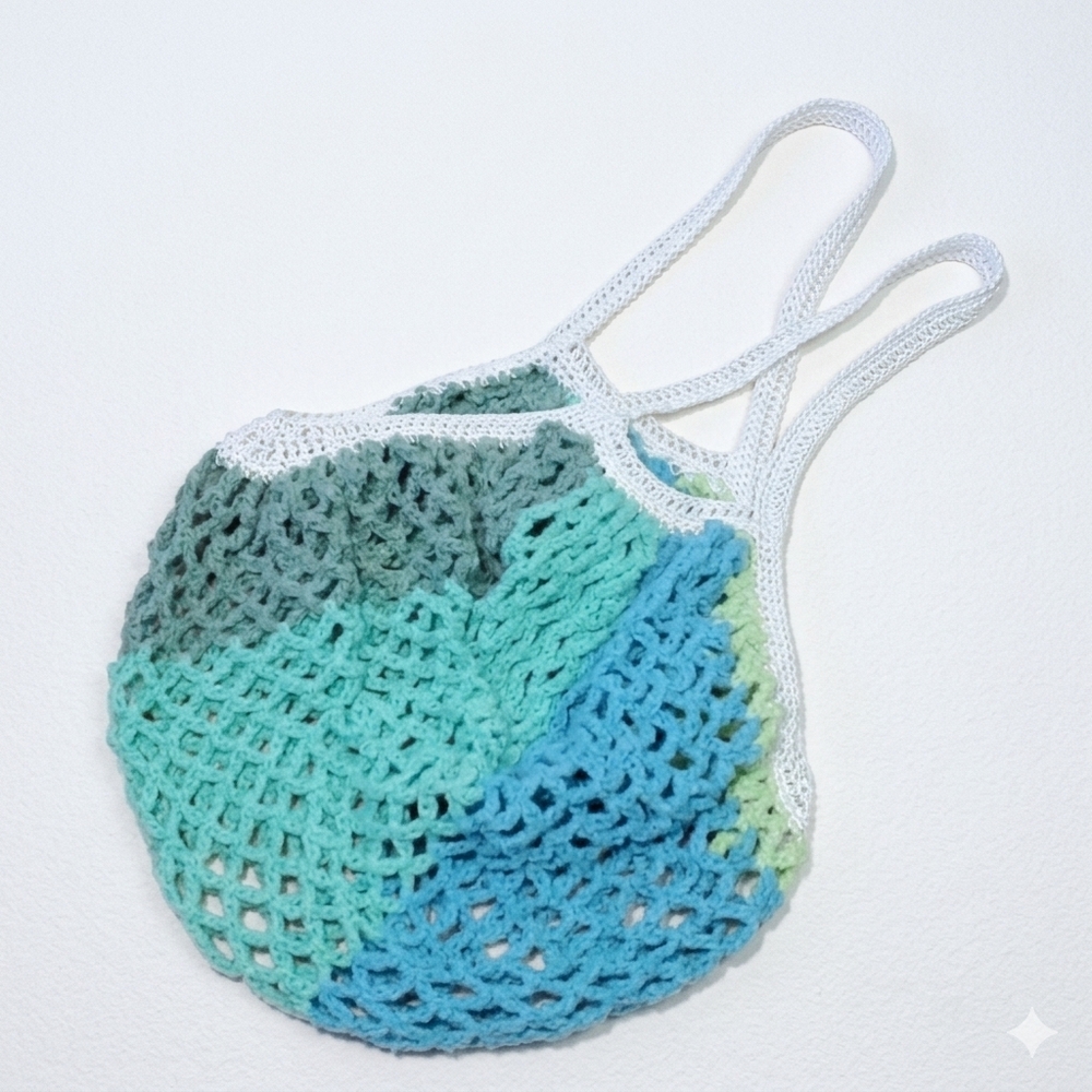 Handmade Green Farmers Market Bag Crochet French Net Sack Cotton Grocery Beach